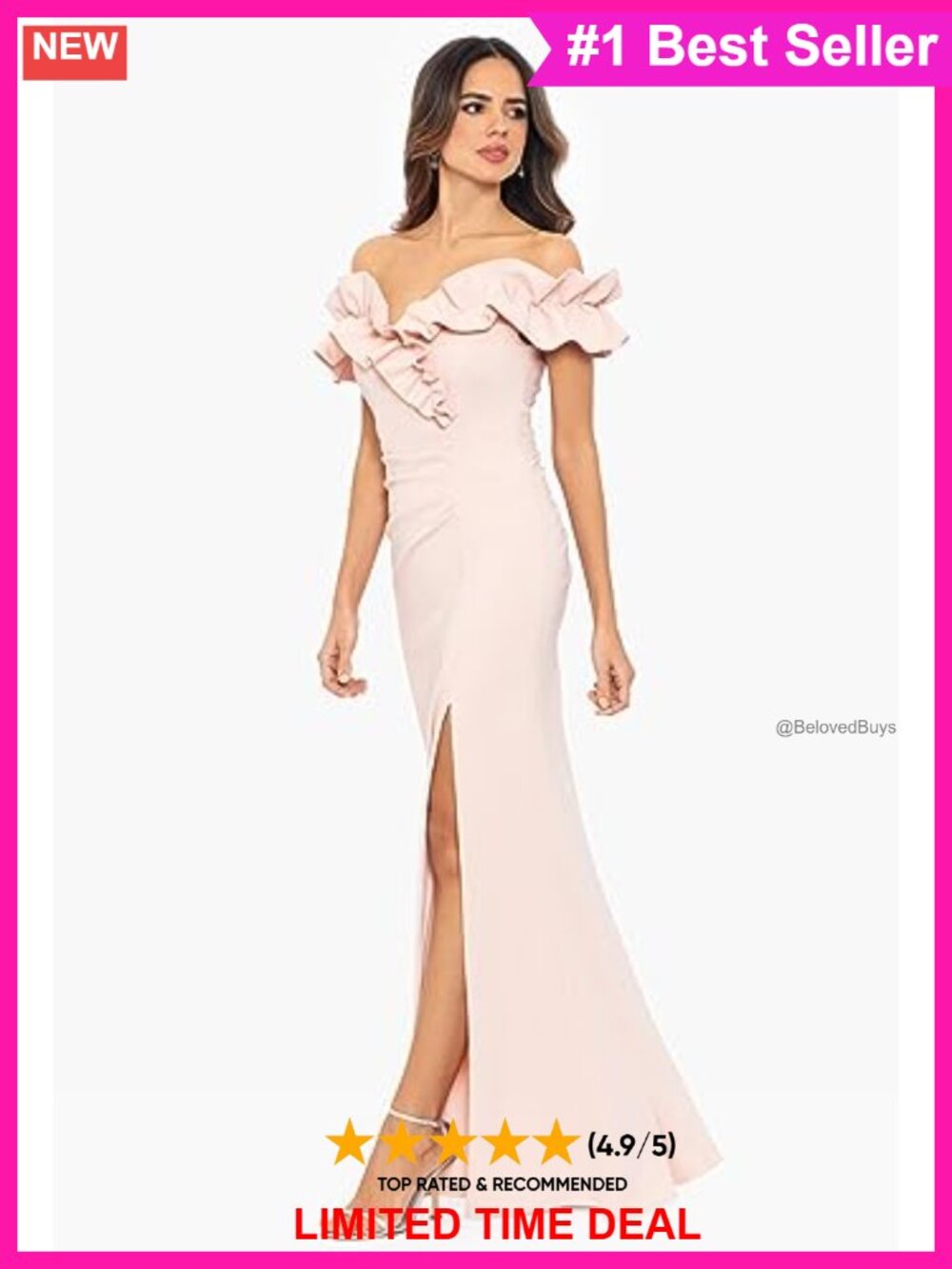 Long Stretch Scuba Crepe Ruffle Collar Ruched Dress - Picture 2 of 3